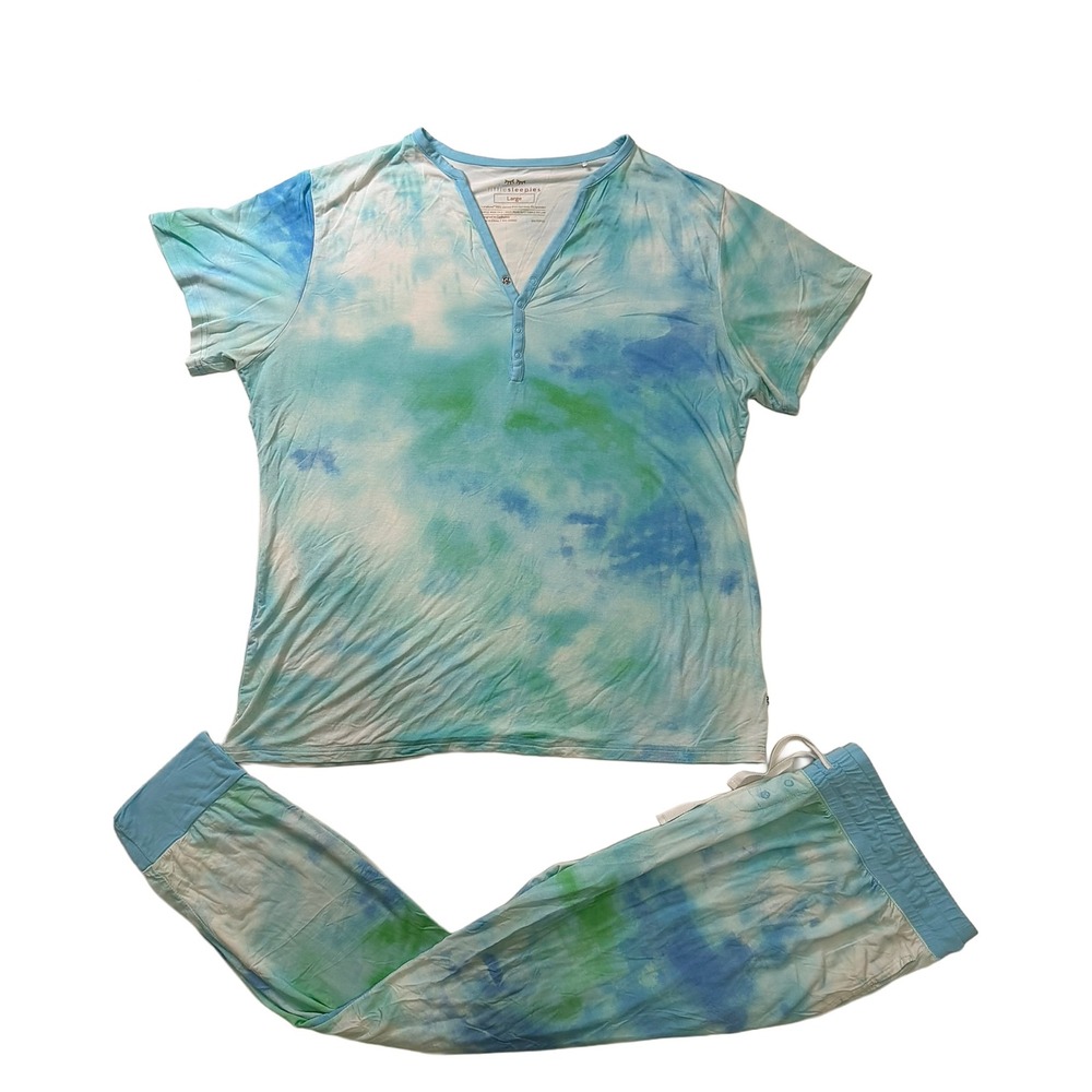 Little Sleepies Blue Green Tie Dye Lunaluxe Bamboo Pajama Set Women Large